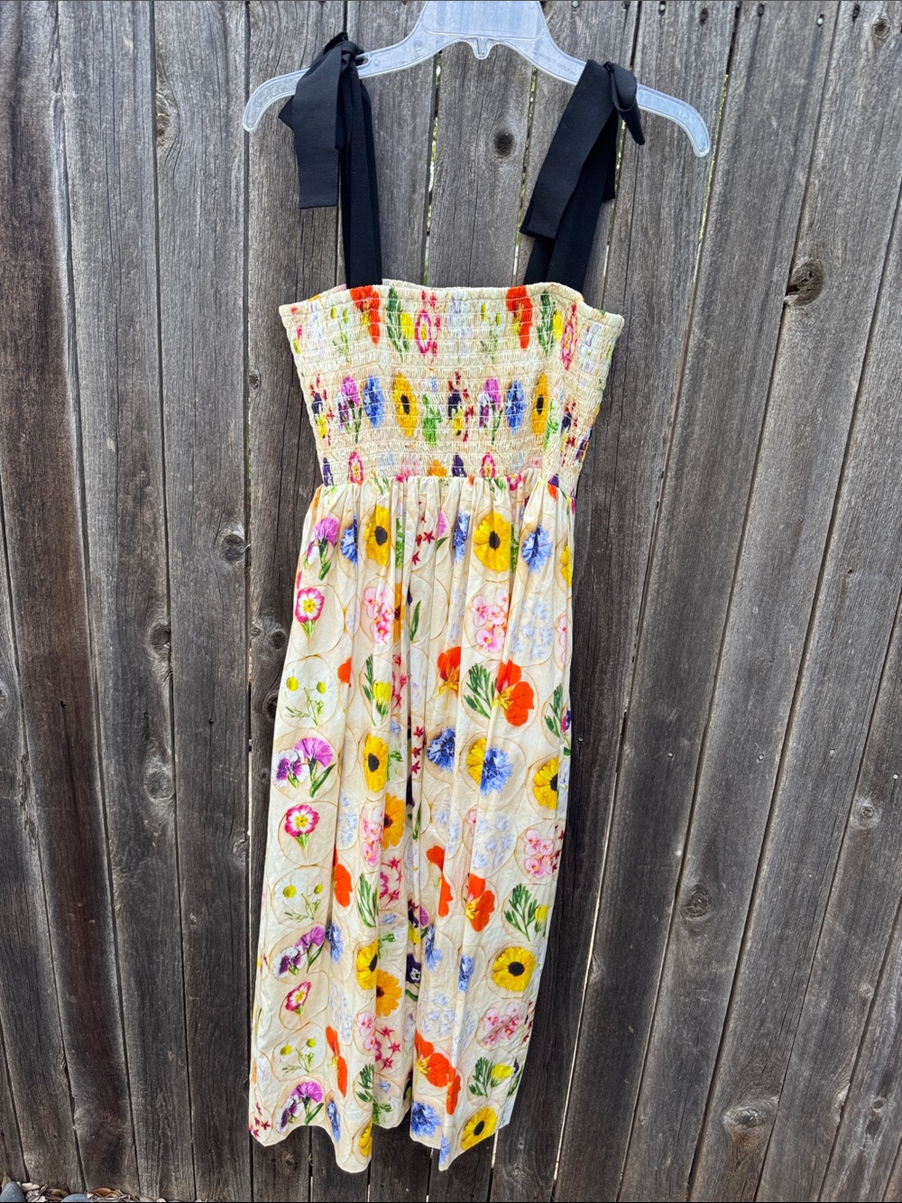 Rachel Antonoff Floral Smocked Sundress with Black Tie Straps - Cream Multi - Picture 3 of 3